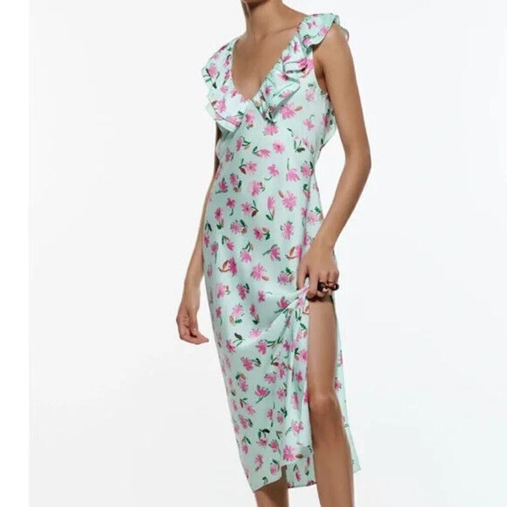 ZARA satin blue floral ruffle collar midi slip dress size US small